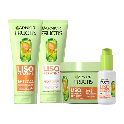 Garnier Fructis Rutina Liso Keratina para cabello encrespado: Champú + Acondicionador + Mascarilla + Sérum activado por calor Liso & Listo