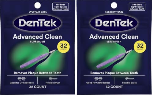 DenTek Slim Brush Advanced Clean,Interdental Brushes for Cleaning Between Tight Teeth,Safe for Braces &amp; Dental Work,32 Count (Pack of 2)