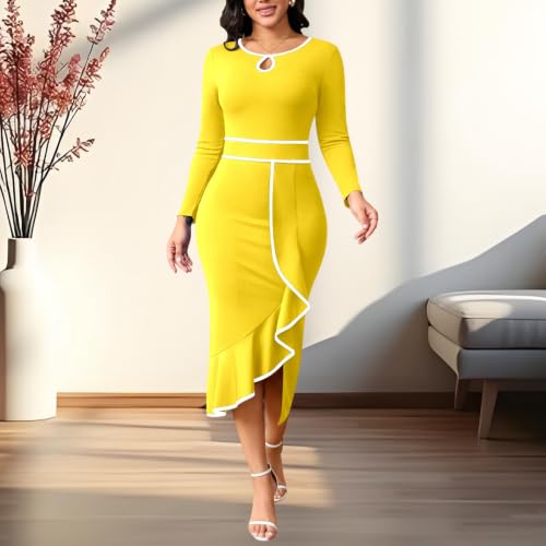 Image of Women's Elegant Church Vintage Bodycon Dress Casual Long Sleeve Work Business Pencil Split Sheath Midi Dresses