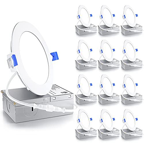 Ensenior 12 Pack 4 Inch LED Recessed Light, Dimmable, 5000K Daylight, 750LM High Brightness, 9W 120V, Damp Rated, ERL-9X-ETL, Ultra-Thin Canless Wafer Light - ETL & FCC & IC