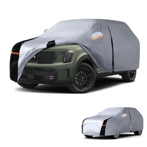 Image of Multi-Layer Car Cover Custom Fit for Kia Telluride(2016-2026), 100% Waterproof All Weather for Automobiles, Gift with Towel, Heavy Duty Car Covers for Rain Sun UV Protection with Door Zipper