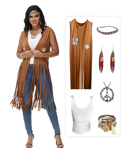 SENLI Hippie Clothes 60s 70s Outfits for Women Halloween Costume Fringe Vest 70's Disco Outfit Accessories (Brown, X-Large)