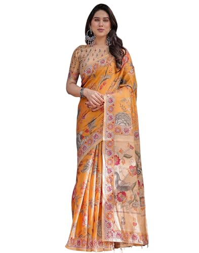 Image of SIRIL Women's Cotton Linen Printed Handloom Saree with Unstitched Blouse Piece
