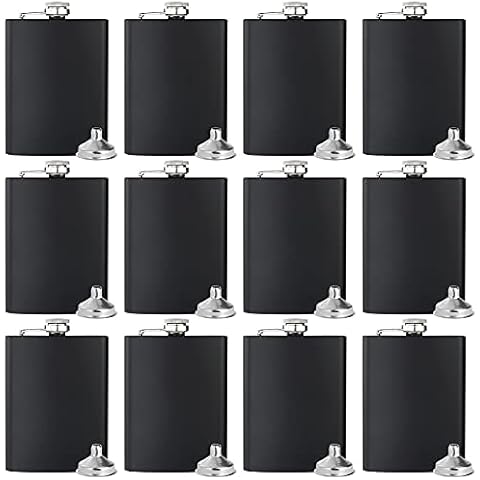 BALABALA Hip Flasks for Liquor for Men Women 12 pcs Black 8OZ Hip Flask with Silver lid with 12 pcs Funnel for Wedding Party Groomsman Bridesmaid Birthdays Gift Cover