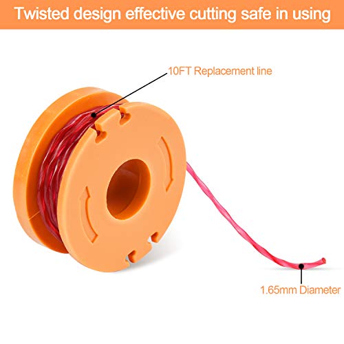 EAONE 10 Pack Replacement Trimmer Edger Spool Line with Trimmer Cap Cover, 10ft 0.065\" Single Line Grass Trimmer Auto-Feed Spool Weed Wacker Eater String for Worx WG150-WG157 WG160 WG163 WG180 etc.