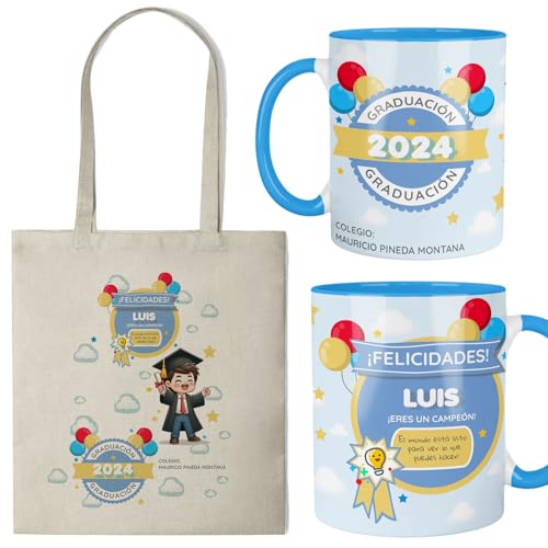 Kembilove® Taza y Bolsa Personalizada Graduación 2024 | Regalo Niño Fin de Curso Infantil o Primaria | Set con Nombre Colegio y Frase Motivadora | Detalle Original para Niño Graduado Escolar