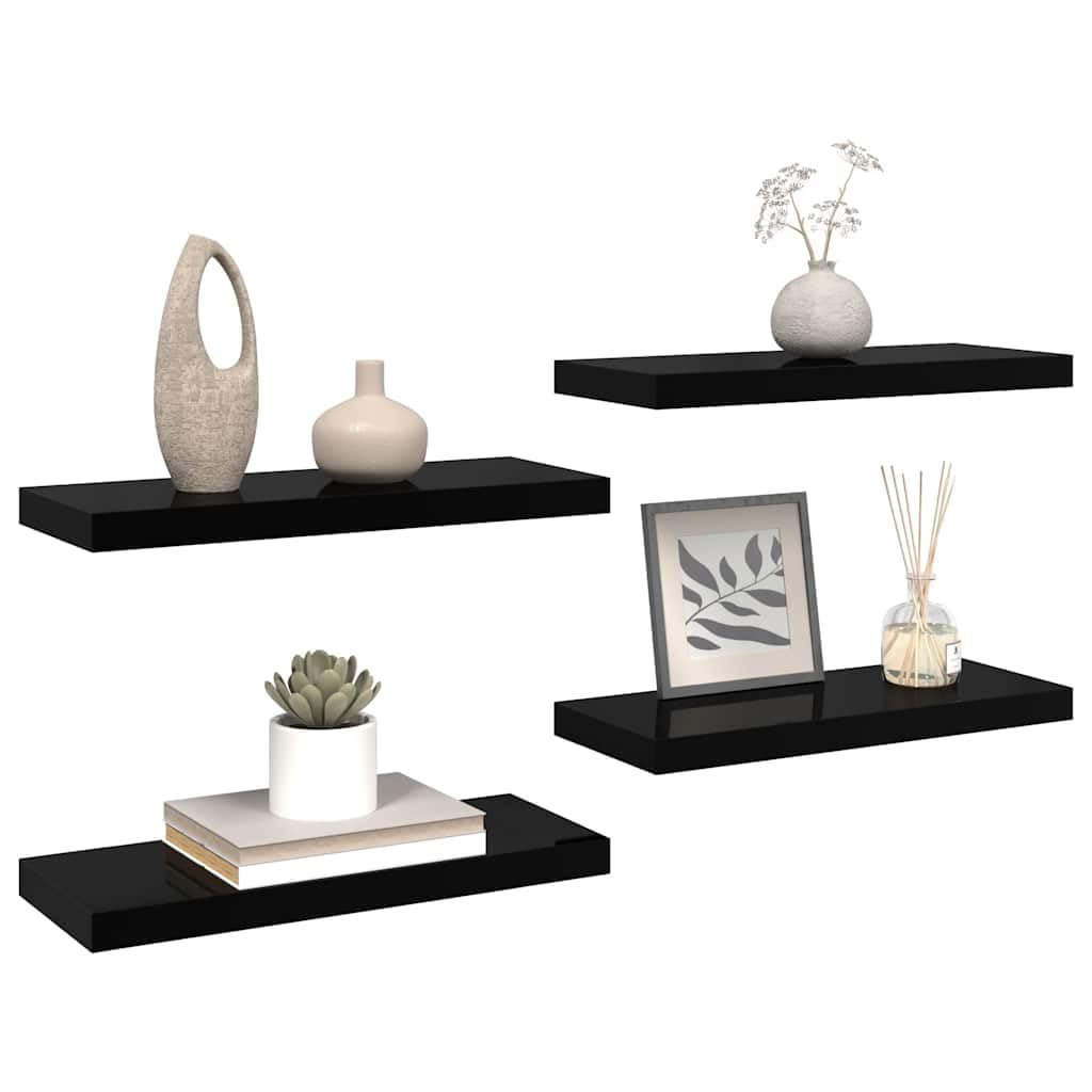 Półki wiszące, 4 szt. czarny wysoki połysk, 60 x 23,5 x 3,8 cm, płyta MDF, zestaw do montażu na ścianie, nowoczesny regał wiszący na książki, dekoracje, przedmioty kolekcjonerskie