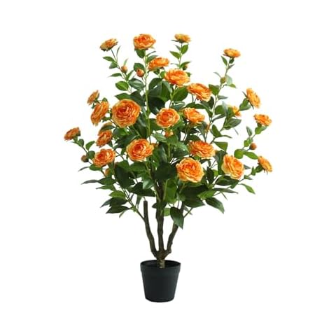 TDIAOL Artificial Camellia Tree 40",Faux Outdoor Camellia Tree with 36 Blooming Flowers,Fake Flower Tree in Cement Pot for Indoor Outdoor Décor Cover