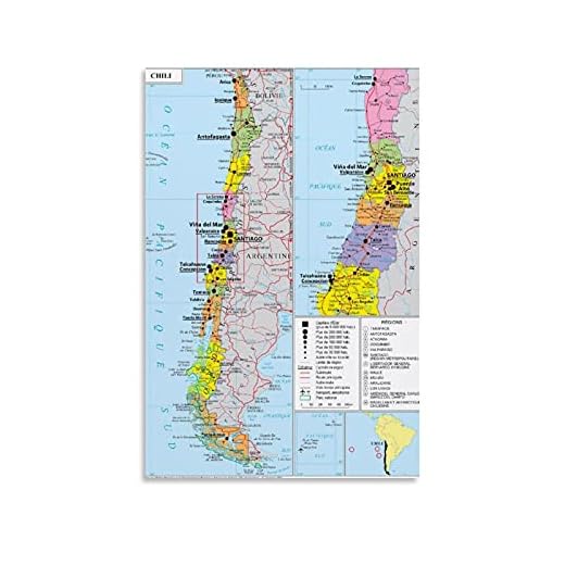 Póster de mapa geopolítico de Chile en lienzo y arte de pared, póster moderno para decoración de dormitorio, 20 x 30 cm