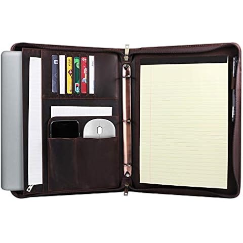 Handmade Crazy-Horse Leather 3-Ring Binder Portfolio Vintage Padfolio, Zippered Closure, Business Organizer Tablet Folio Folder,Professional Organizer Gift for Men & Women (Dark Brown, Non-Custom) Cover