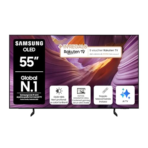 Samsung OLED 4K Vision AI Smart TV 55'' QE55S85FAEXZT, NQ4 AI Gen2 Processor, 4K AI Upscaling, Glare Free, Dolby Atmos & OTS Lite, Contour Design, PACCHETTO INTRATTENIMENTO, 2025