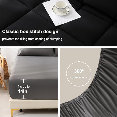 DOWNCOOL King Size Comforter Set, 7Pcs Bedding Comforter Sets Black/Grey, All Season Down Alternative Bedding Comforter Sets with Comforter, Flat Sheet, Fitted Sheet, 2 Pillow Shams & 2 Pillowcases