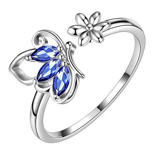 Blue Butterfly Daisy Flower Open Rings Women 925 Sterling Silver December-Tanzanite Birthstone Butterflies Adjustable Ring Tiny Animal Ring Girls Birthday Gift DR0077U