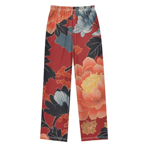 ZZXXB Peony Flowers Pattern Boys Long Pants Soft Trousers Elastic Waist Kids Lounge Bottoms with Pockets S-XL2