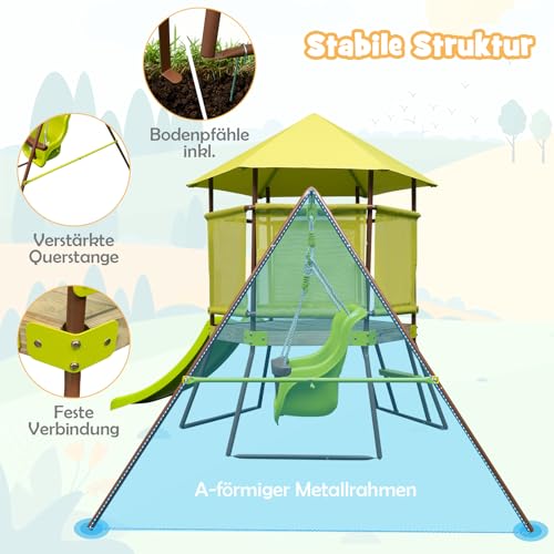 DREAMADE 4 IN 1 Spielturm mit Rutsche & Schaukel & Spielhaus & Leiter, Klettergerüst Outdoor Kinder Kletterturm aus Metall für den Garten