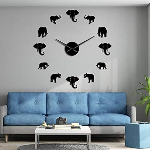 The Geeky Days Jungle Animals Elephant DIY Large Wall Clock Home Decor Modern Design Mirror Effect Giant Frameless Elephants DIY Clock Wall Watch (Black) Cover