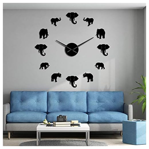 The Geeky Days Jungle Animals Elephant DIY Large Wall Clock Home Decor Modern Design Mirror Effect Giant Frameless Elephants DIY Clock Wall Watch (Black)