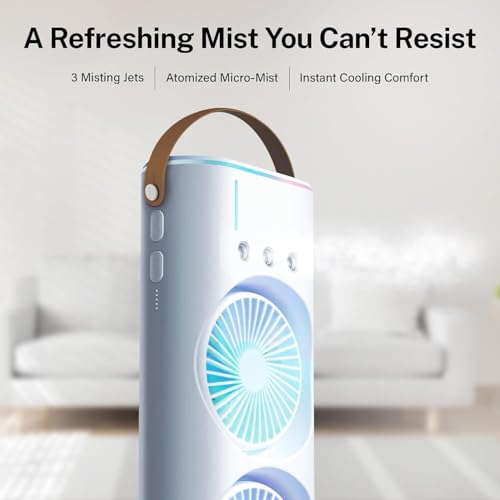 Image of Cooler for Room Cooling Mini AC Portable Mini Fan Cooler with 7 Colors LED Light, 1 /2 /3 H Timer, 3 Wind Speeds and 3 Spray Modes for Office,Home,Dorm,Travel