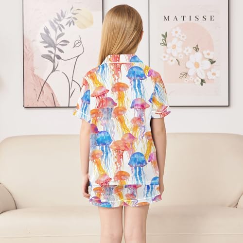 ALAZA Jellyfish Coral Watercolor Pajamas Satin Pajama Set Short Sleeve Button Down Sleepwear4