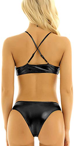 Image of X-Night Women's Shiny Faux Leather Sexy Solid Strappy Cross Bikini Lingerie Set