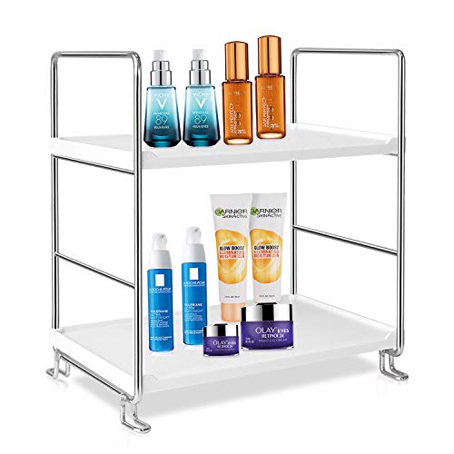 Muagroo 2-Tier Bathroom Countertop Organizer, Freestanding Cosmetic Storage Shelf, Vanity Tray Skincare Makeup Organizer Holder, Stackable Kitchen Spice Rack– Silver