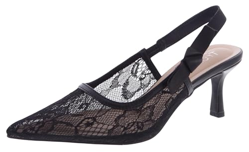 TruFox Women's Pointed Toe Kitten Heel Pumps Slingback Short Heel Slip On, Black Lace, 7