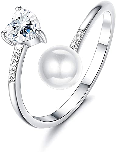 CASSIECA Bagues de Perles en Argent Sterling 925 pour Femmes Filles Perle d'eau Douce avec Zirconium Bague Coeur Bagues Ouvertes Plaquées Or Blanc Bagues Réglables Bijoux