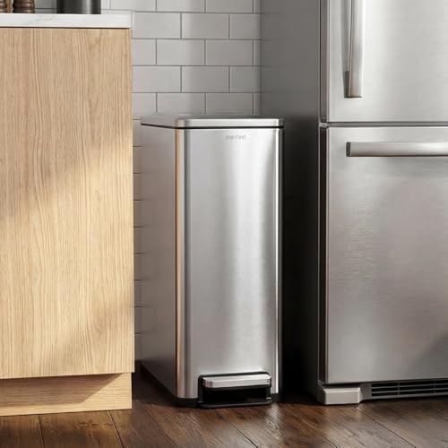 Image of Step N' Sort Slim Dual Recycling Bin 43L (2 x 21.5L) - Soft Close Kitchen Trash Can - Space Saving Stainless Steel - Removable Buckets