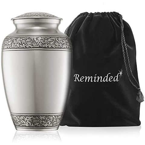 Reminded Cremation Memorial Urn for Human Ashes, Silver Adult Funeral Urn with Velvet Bag Cover