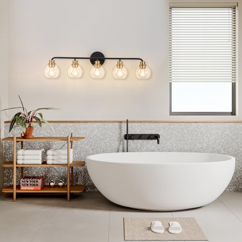 Image of 5 Light Bathroom Vanity Light, Black and Gold Bathroom Light Fixtures | with Clear Glass Shade Modern Wall Sconces Lighting Bath Wall Lights Lamp for Mirror Kitchen Living Room Bedroom Hallway