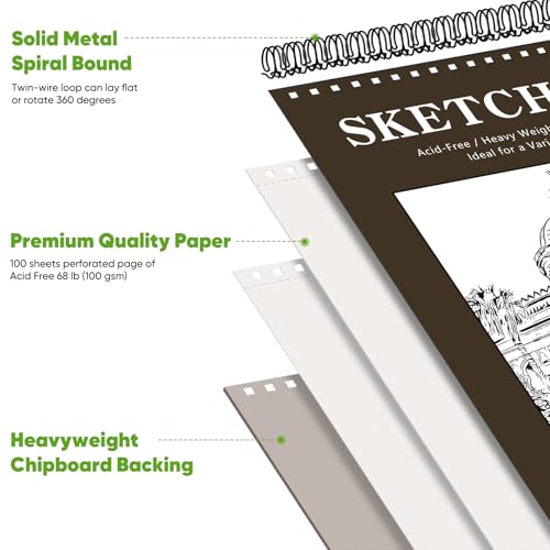 Image of Soucolor 8x10 Sketch Book, 100 Sheets, 68lb Acid-Free Spiral Bound Pad | 68lb acid-free paper, no bleed-through, lay-flat spiral binding - perfect for kids, students & artists. Portable 8x10 size