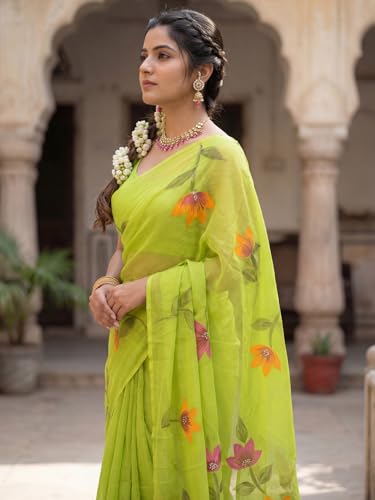 Image of AKHILAM Women's Cotton Saree with White Daisy Floral Prints Tassel Pallu Lightweight Summer Saree