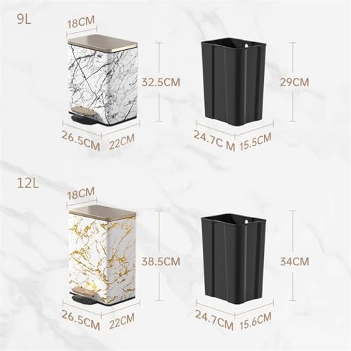 Caneca de basura con tapa y pedal estilo mármol blanco oro 9L miniatura 2