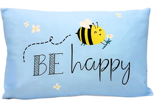Dekohelden24 Zierkissen - Kuschel Kissen mit Biene/Dekokissen - Kopfkissen - BE Happy - L/B/H ca. 40 x 13 x 23 cm, 100% Baumwolle.