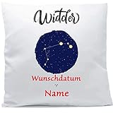 Kissen mit Namen Sternzeichen Widder Datum 40x40 cm inkl. Füllung Kuschelkissen Wunschtext, Kissen Farbe:Vorderseite weiß/RS beere