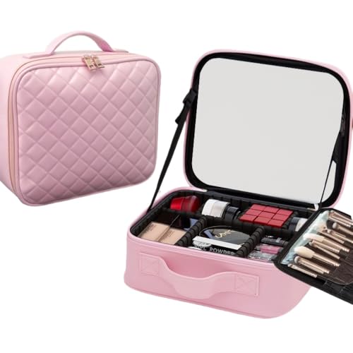 Damika 化粧箱プロ用化粧箱ミラー付きライト付き3段階調光化粧品収納ケース大容量ポータブル防水防塵仕切り多機能化粧ポーチ収納ケース通勤出張旅行用 (鏡,ピンク)