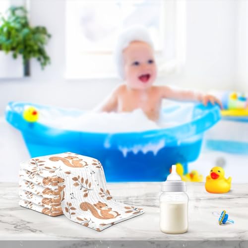 Image of vvfelixl Cute Squirrel with Tail Baby Burp Cloths Baby Muslin Washcloths for Boys Girls Cotton Babys Face Towel for Newborn Infants Soft and Absorbent 11.8 X 11.8 in, 5 Pack