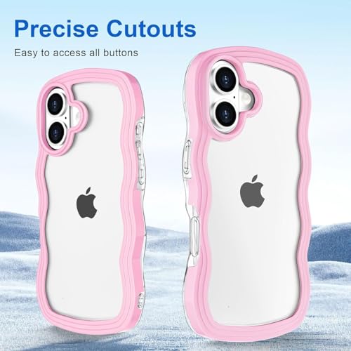 Image of GoldKart iPhone 16 Case Wavy Edge Clear Back Design, Anti-Slip Grip Cute Wave Curly Frame Shape Shockproof Soft TPU & Hard PC Bumper Protective Phone Case Cover for Women Girls - Pink