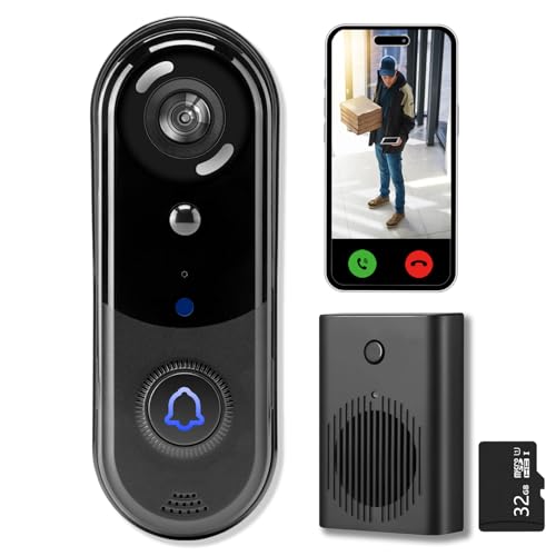 Doorbell Camera Wireless 2K, Head-to-Toe View, Video Doorbell with Chime, 32GB SD/Cloud Storage,Night Vision, Motion Detection,2 Way Audio, 2.4G WiFi, Real Time Alert (J1 2K)