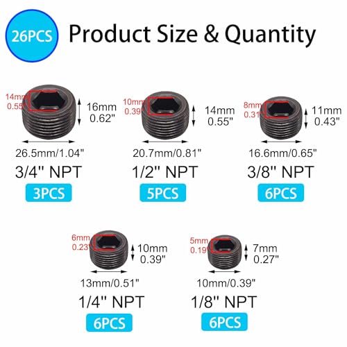 26PCS-Black-Pipe-Plug-Fitting-Assortment-Kit-Carbon-Steel-5-Sizes-18-14-38-12-34-NPT-Pipe-Plug-Internal-Hex-Thread-Socket-for-Sealing-Pipe-Port