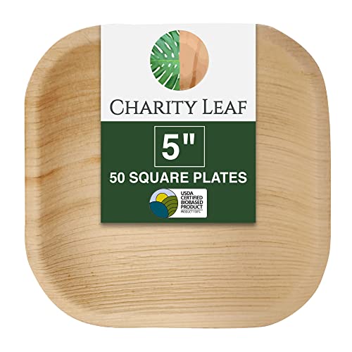 Charity Leaf Disposable Palm Leaf 5 Square Plates (50 pieces) Bamboo Like Serving Platters Disposable Boards Eco-Friendly Dinnerware For Weddings Catering Events