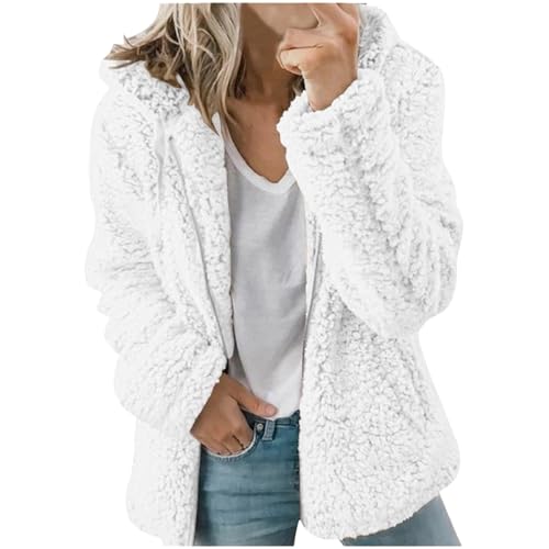 Generisch Chaqueta de peluche para mujer con capucha, chaqueta de forro polar con cremallera, sudadera de forro polar de peluche, chaqueta de invierno para otoño e invierno, cálida y cómoda, Blanco-2