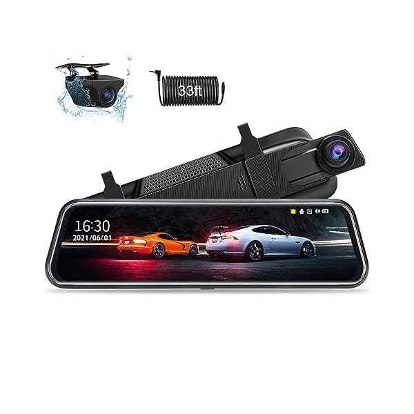 Upgraded 10” Rear View Mirror Camera Mirror Dash Cam Front and Rear 1080P Backup Camera Full Touch Screen w Loop Recording, G-Sensor Night Vision 170° Wide Angle