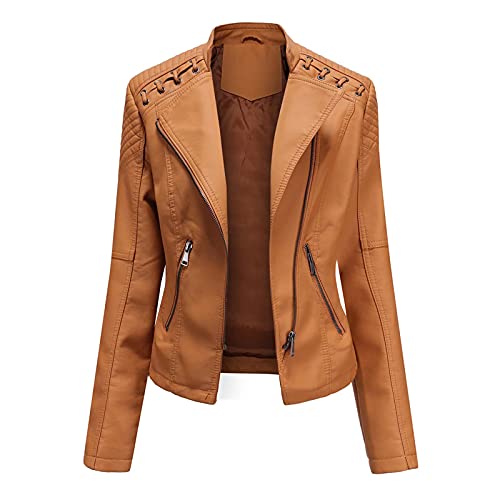 MEYOCEYO Lederjacke Damen Kunstlederjacke Slim Fit Kurz Jacke Frühling Herbst Damenjacke Leder Bikerjacke mit Reißverschluss Braun L Cover