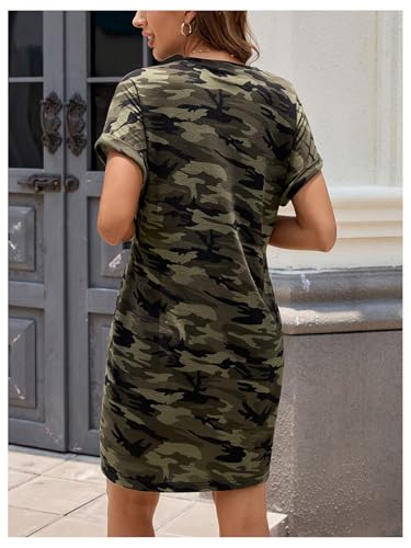 GORGLITTER Women's Camo Camouflage Dress Short Sleeve Round Neck Army Fatigue Tunic Dresses3