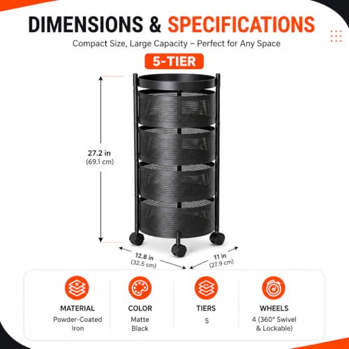 Image of Homeor 5 Layer Kitchen Trolley with Wheels | 360 Rotating Metal Storage Rack for Vegetables, Fruits, Onion & Spices | Square Multipurpose Kitchen Organizer Stand | Metal Kitchen Trolley, Matte Black