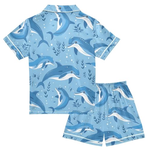 ALAZA Cute Dolphin Coral Reef Blue Pajamas Satin Pajama Set Short Sleeve Button Down Sleepwear2