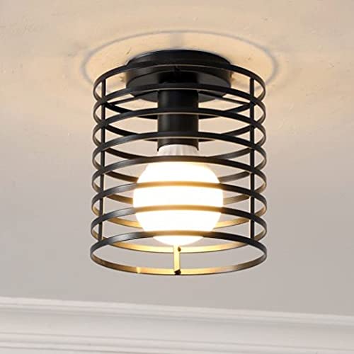 iDEGU Plafonnier Industrielle Cage Lustre Suspension en Métal Fer Luminaire pour Chambre Cuisine Couloir, Noir (Noir - Rond)