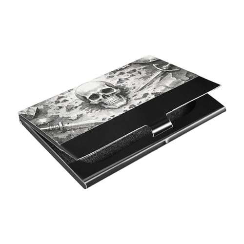 KLL Vintage War Skull Gray Slim Card Holder for Business Card with Leather and Stainless Steel Pocket Card Holder for Protects Your Cards portatarjetas para Hombre