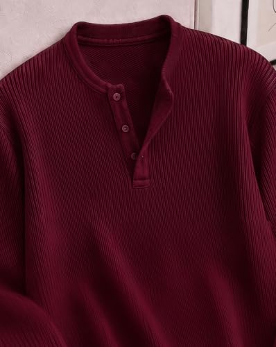 AUSK Men's Premium Frill Texture Henley T Shirt Red Maroon - Image 6